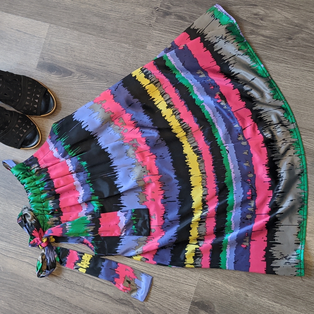 DKNY Colorful Zig-zag Striped Sleeveless Blouse with Asymmetrical Tie - …